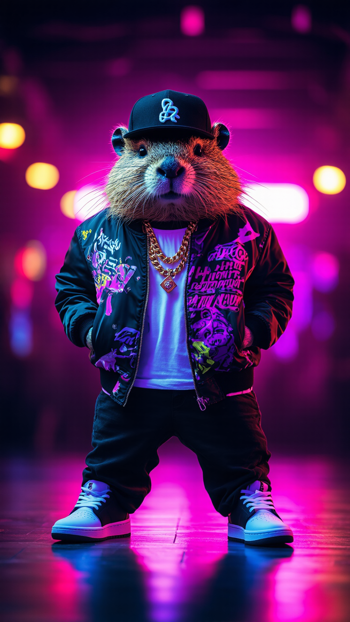 Hyper-realistic Beaver Rap Dance Neon Nightclub Laser Lights | AI Image