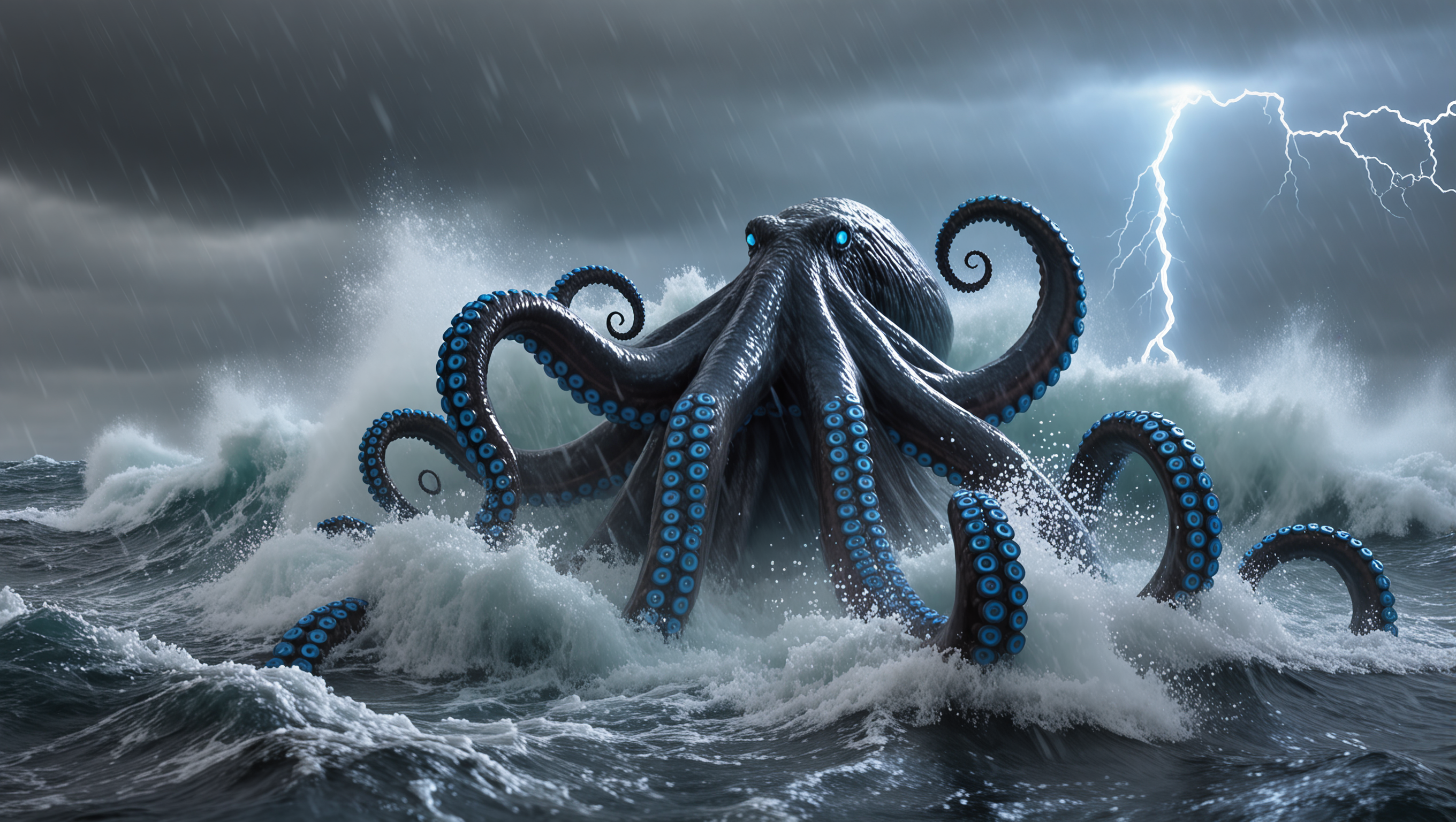 Colossal Kraken Rising From Ocean Stormy Sea Epic Scale Dark Depths ...