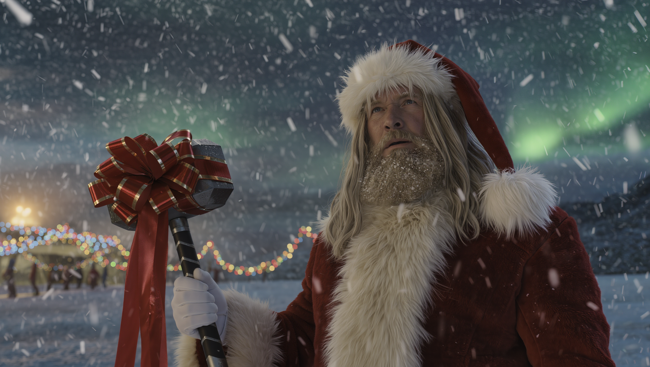 Thor In Santa Claus Coat Holding Mjolnir Snowstorm Background Festive ...