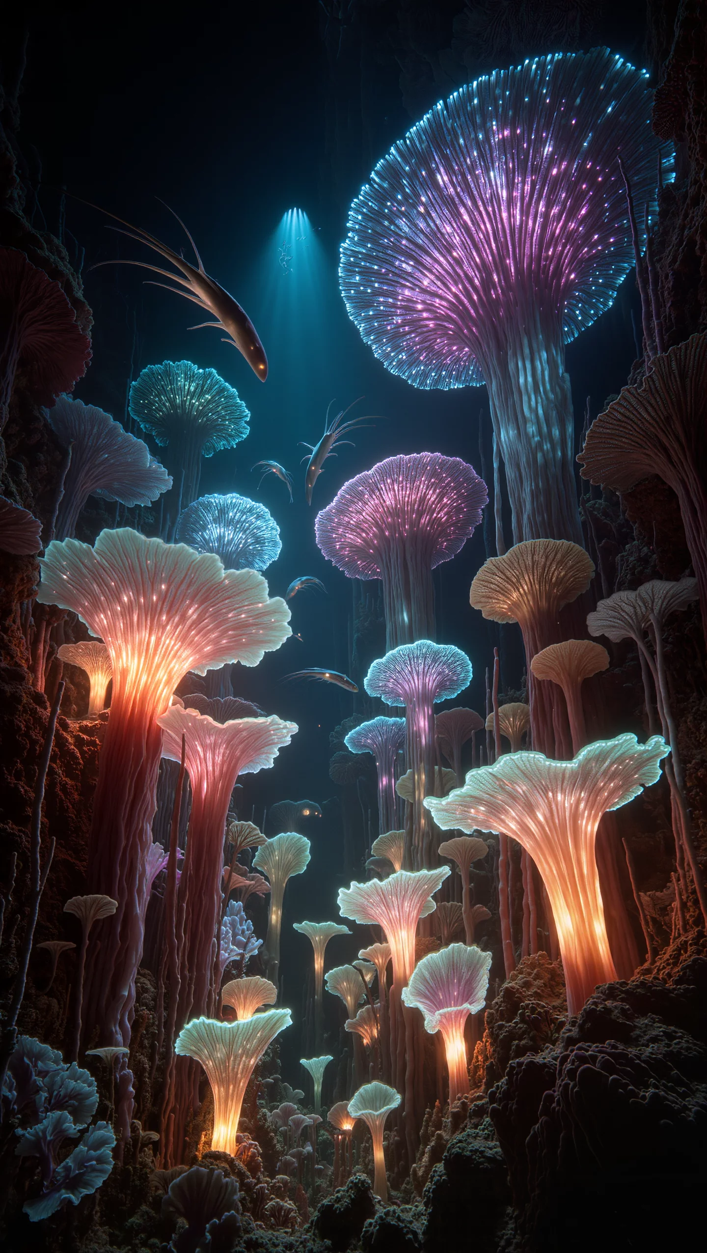 Deep Area Hyper-realistic Deep-sea Bioluminescent Reef Alien Creatures | AI Image