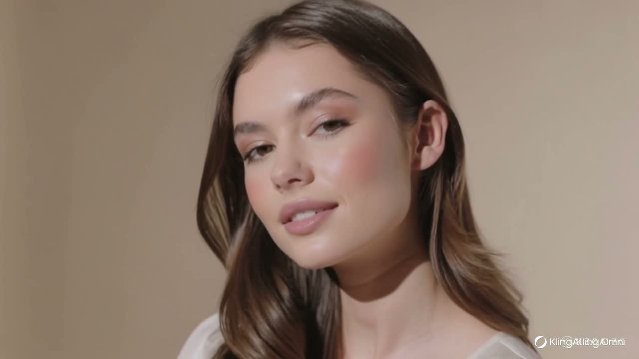 A young woman with smoothed, brightened skin in a beautified AI video — the retouched output frame from Kling Omni.