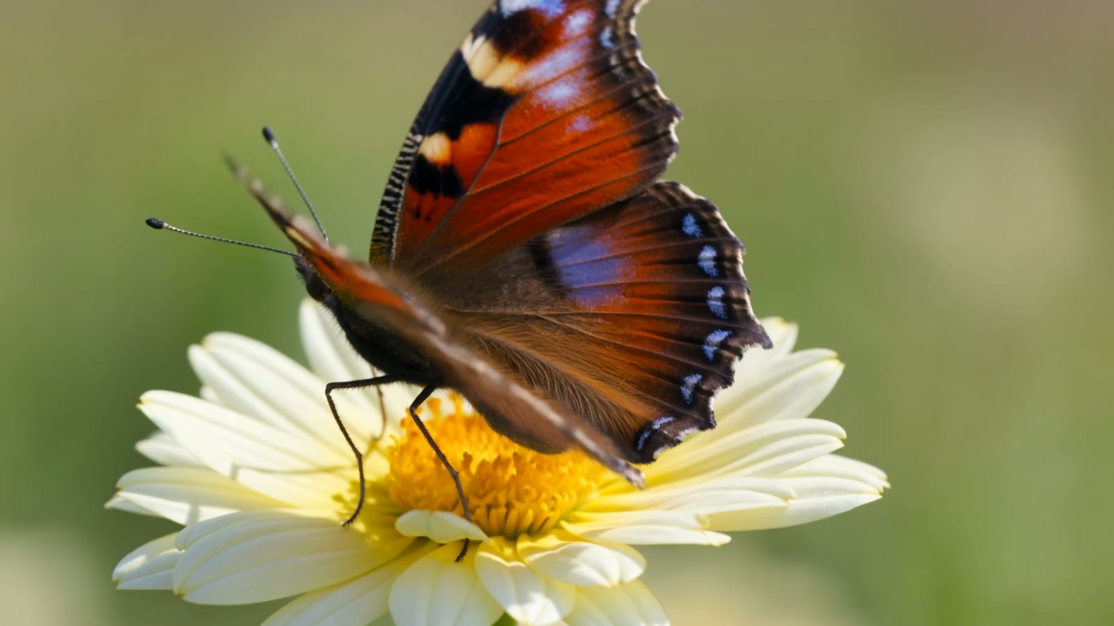 An extreme close-up macro of a vibrant butterfly opening its wings on a blooming flower in a sunlit meadow, a still from an AI-generated butterfly clip.