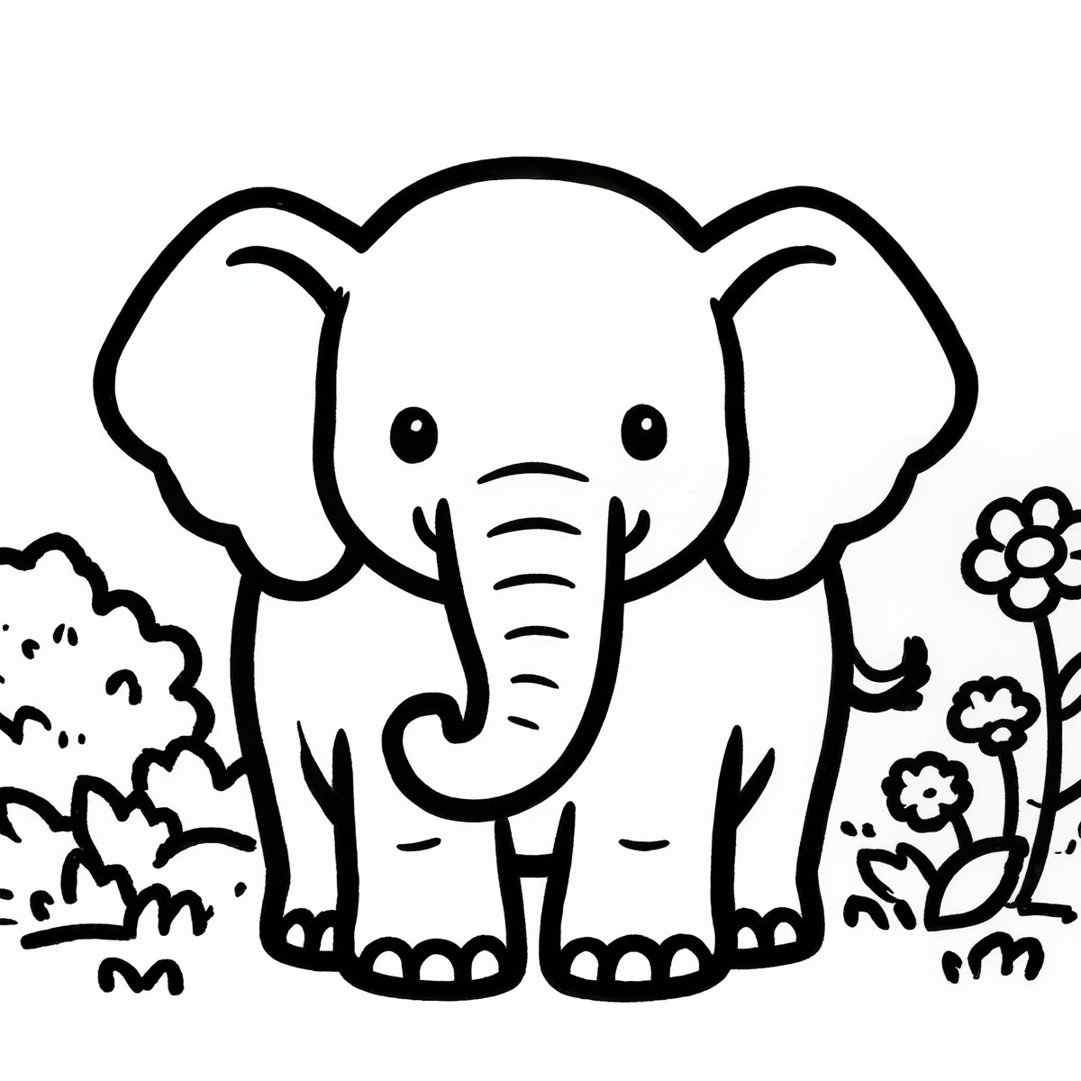 A black-and-white coloring page line drawing of a friendly cartoon elephant in a garden with bold outlines.