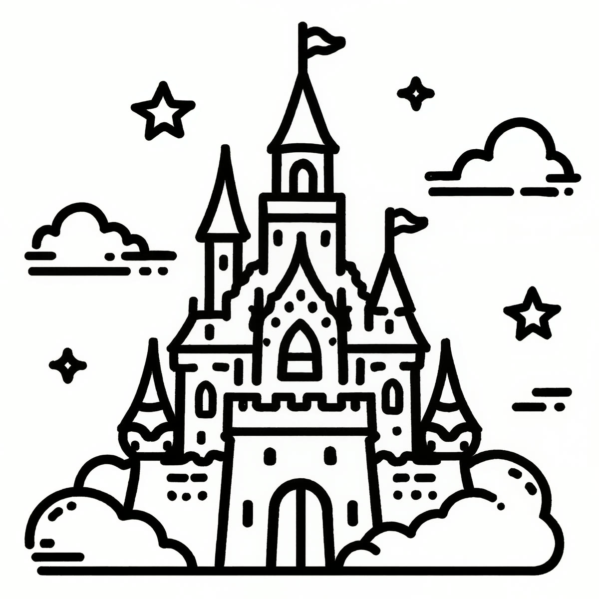 A coloring page line drawing of a magical fairytale castle with clouds and stars in bold outlines.