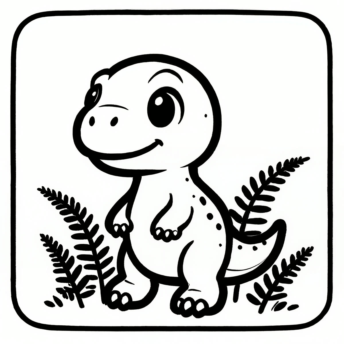 A coloring page line drawing of a cute cartoon dinosaur among ferns in bold outlines.