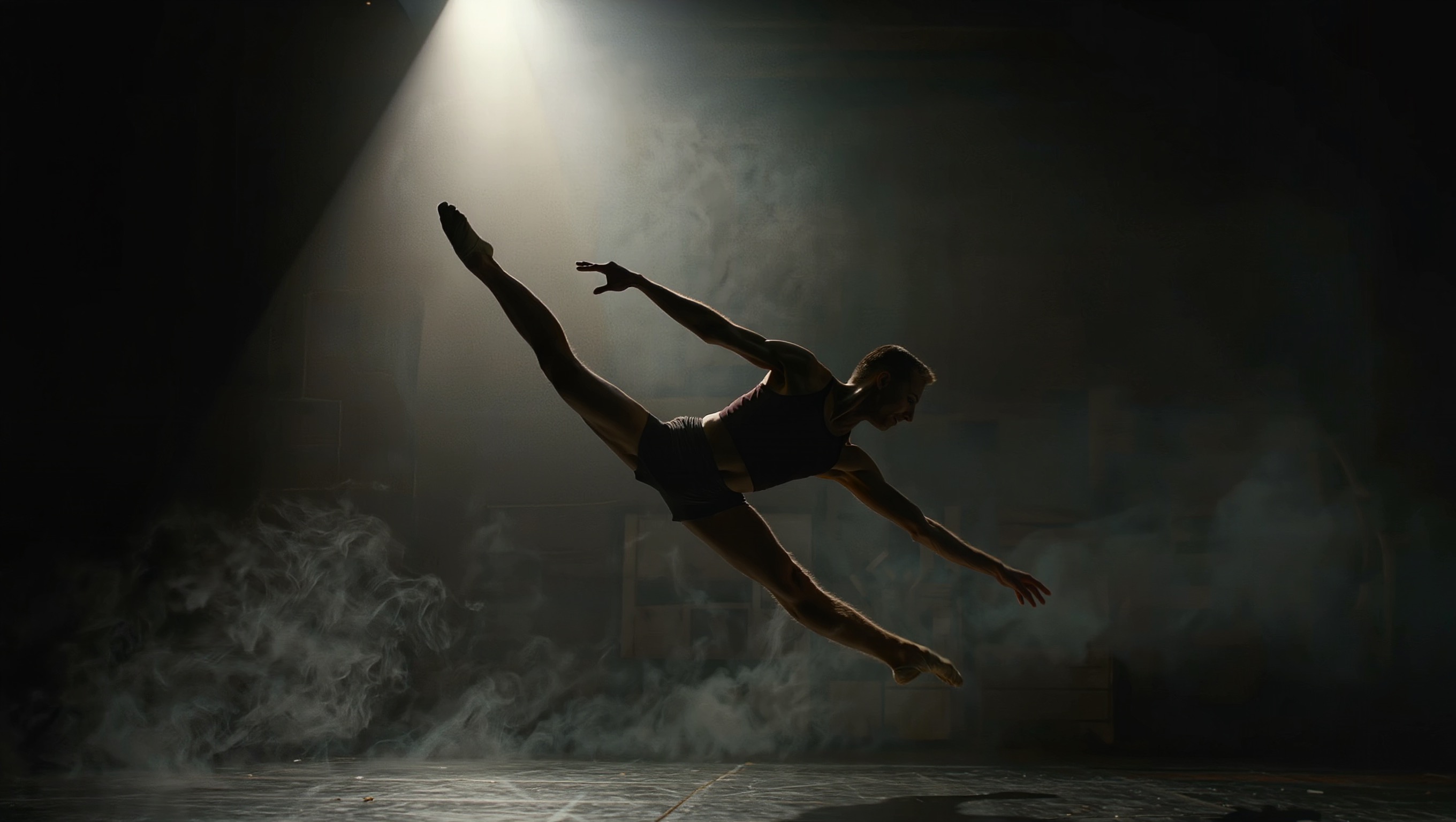 A dancer captured mid-motion in a dynamic freestyle pose on a dark stage, single dramatic spotlight, energetic full-body silhouette, cinematic lighting.
