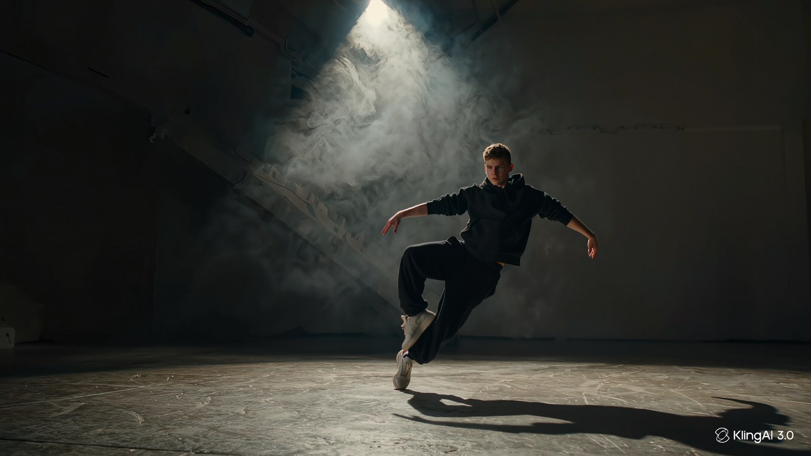 A street dancer holding a locked hip-hop pose on a dark stage under a single spotlight — the source photo for the clip below.