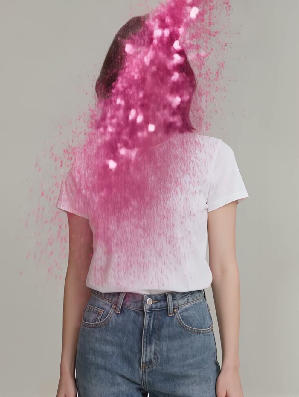 A portrait mid-dissolve, the head and shoulders scattering into a burst of pink petal-like particles.