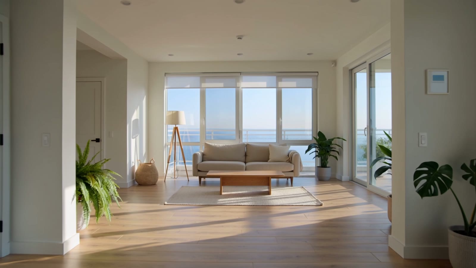 A bright modern living room with large windows, minimalist furniture and warm light, a still from an AI-generated interior walkthrough.
