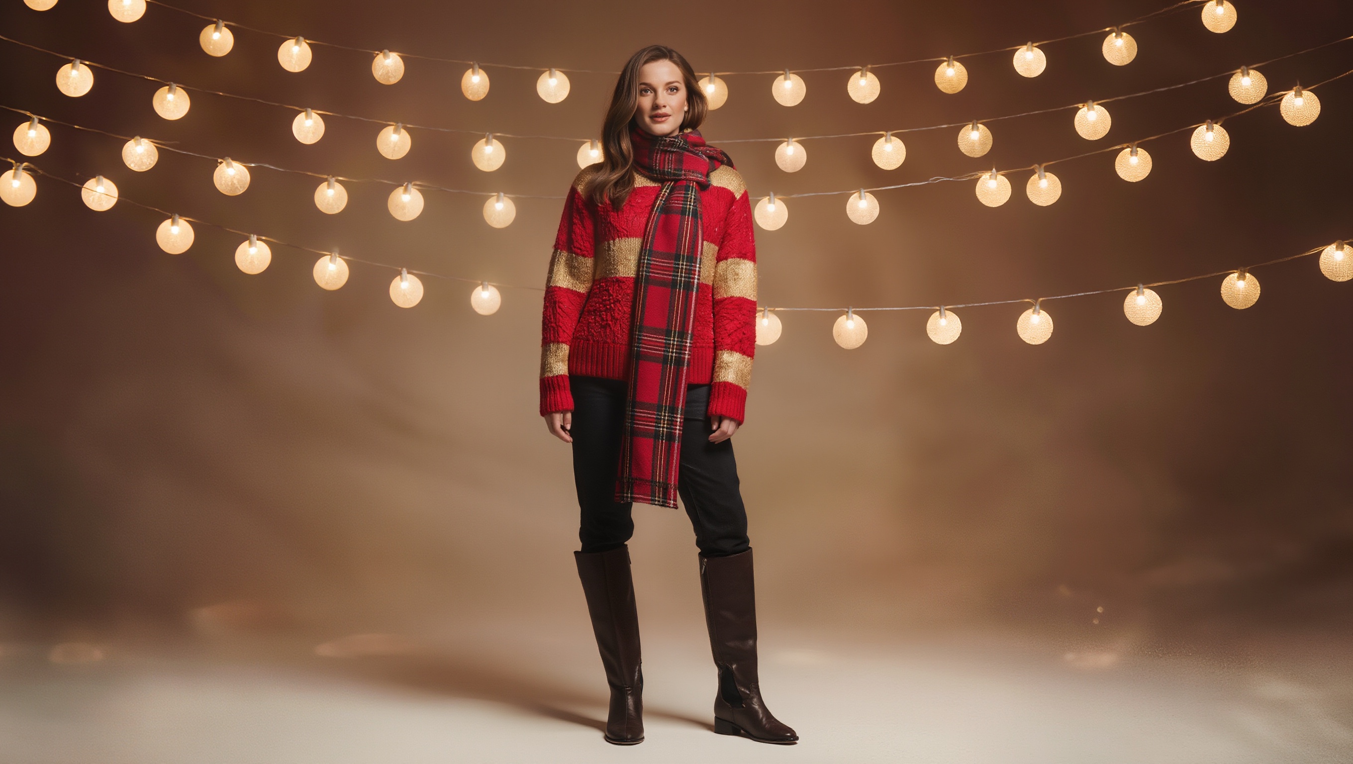 An AI-generated fashion lookbook photo of a model wearing a red and gold holiday-season outfit against a background of warm string lights.