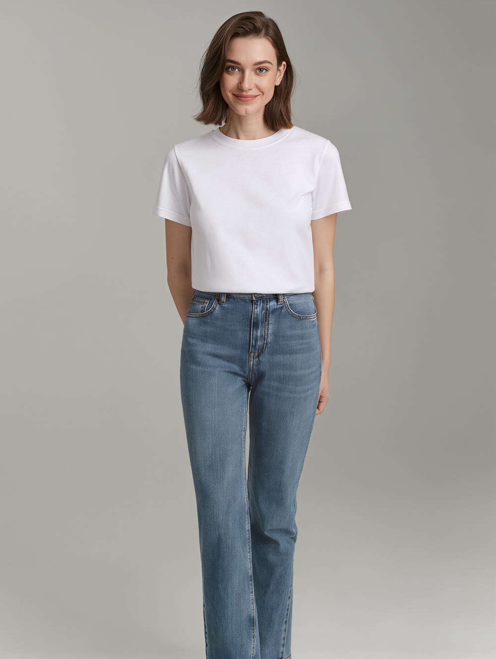 The model reference photo: a woman in a plain white t-shirt and jeans against a grey studio background.