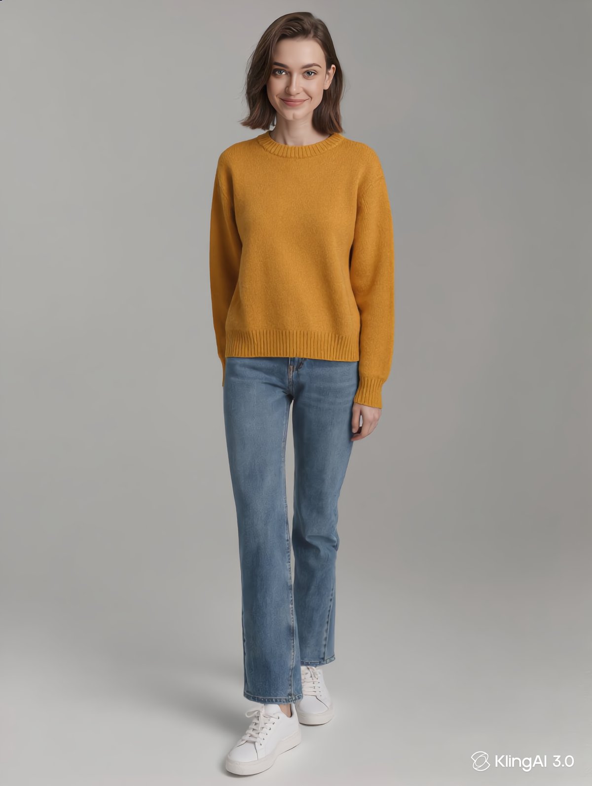 Generated look one: the same woman wearing the referenced mustard sweater with blue jeans and white sneakers.