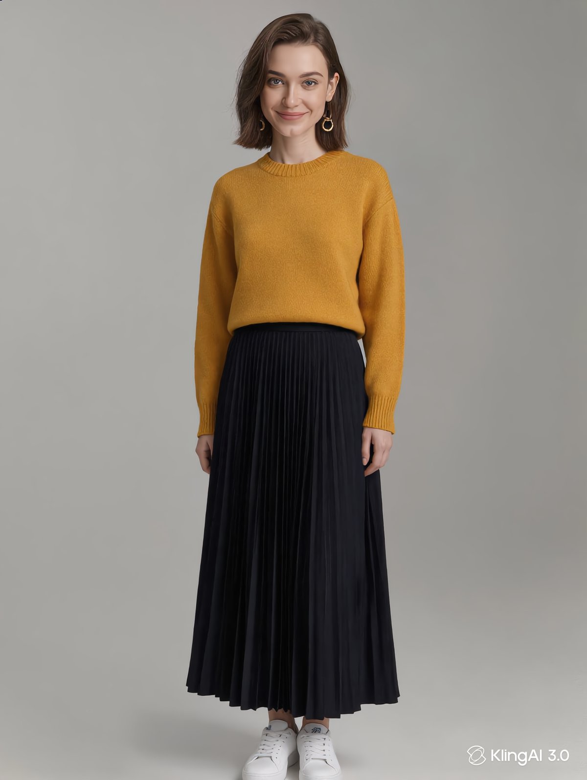 Generated look two: the same woman wearing the referenced mustard sweater with a long dark pleated skirt and gold earrings.