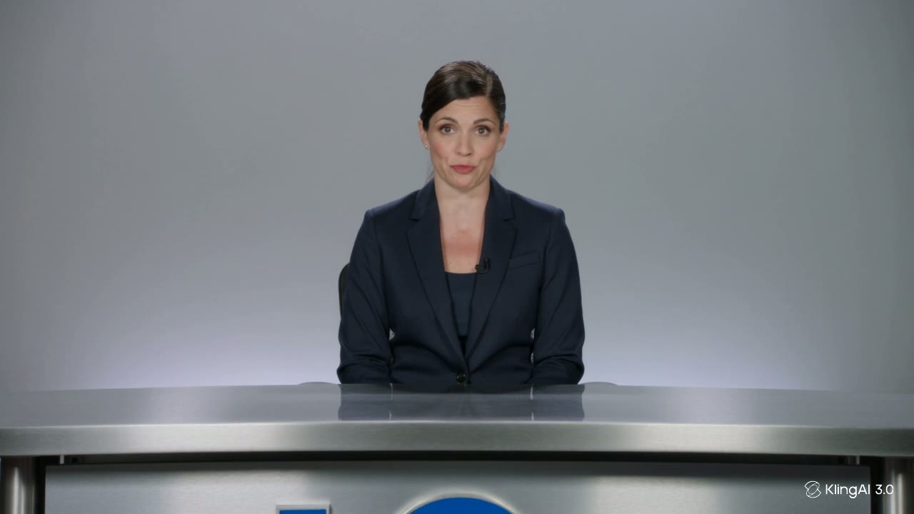 An AI presenter seated at a desk delivering a script to camera, a still from an AI-generated news-anchor clip.
