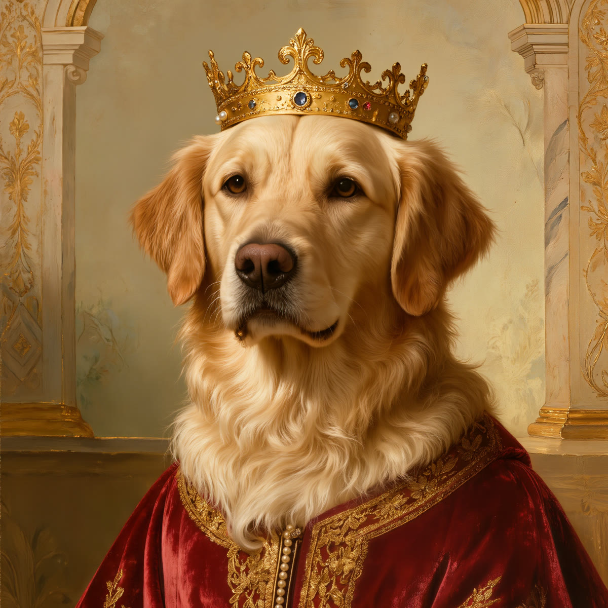 A regal renaissance oil-painting portrait of a golden retriever wearing a red velvet coat and gold crown.