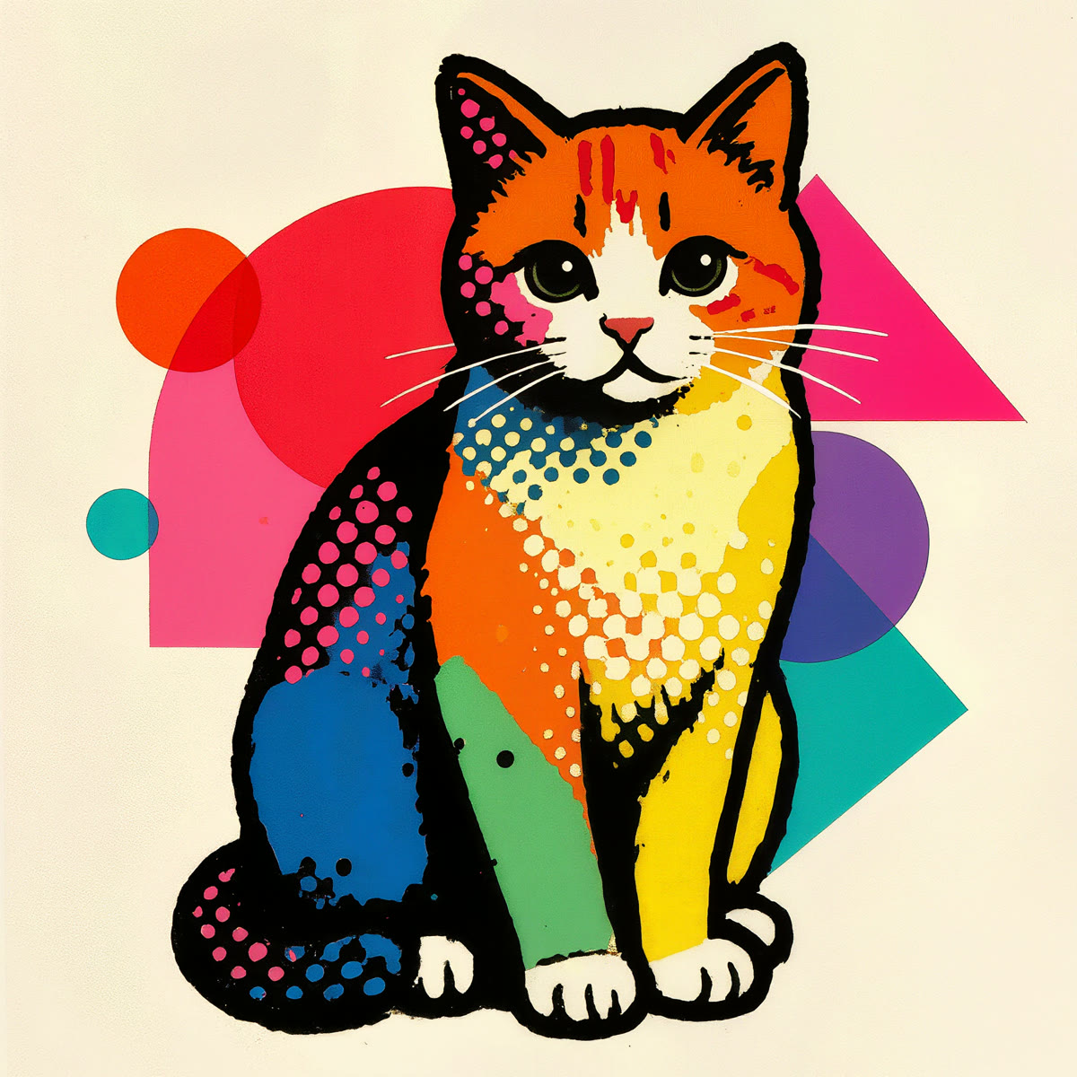 A colourful pop-art portrait of a cat as a bold screenprint with flat colours and halftone dots.
