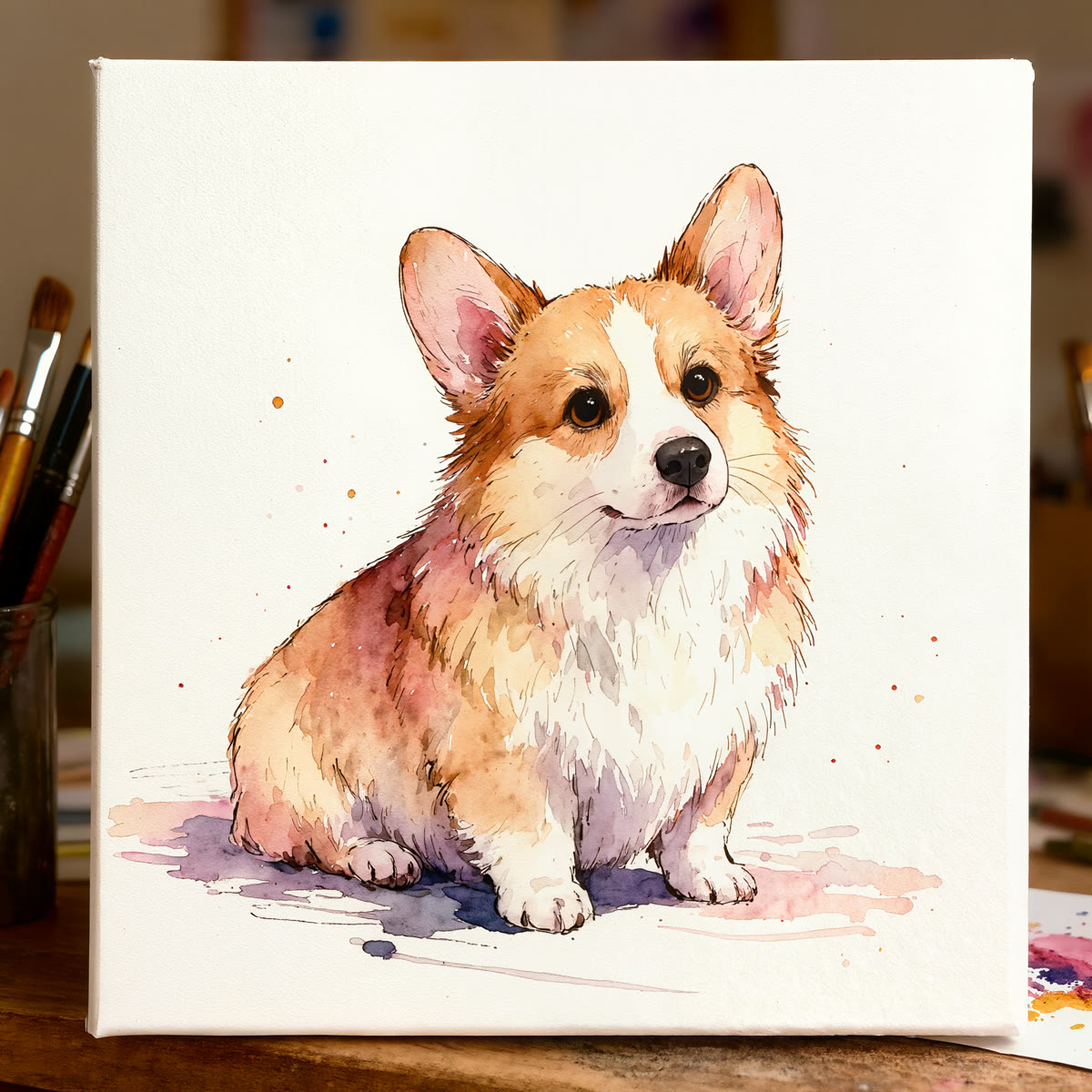 A soft watercolour portrait of a fluffy corgi in gentle pastel washes on white paper.