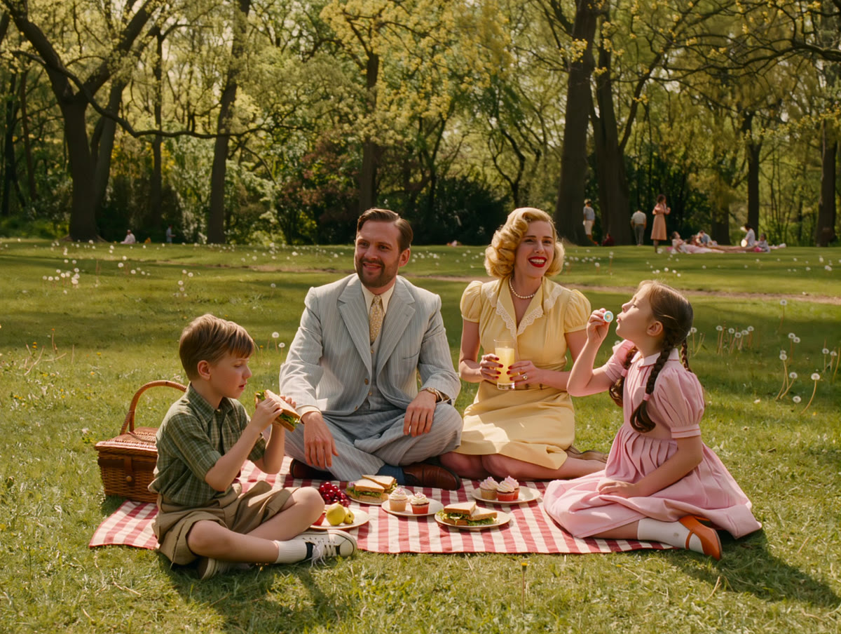 The same vintage family picnic photo colorized with warm, natural tones.
