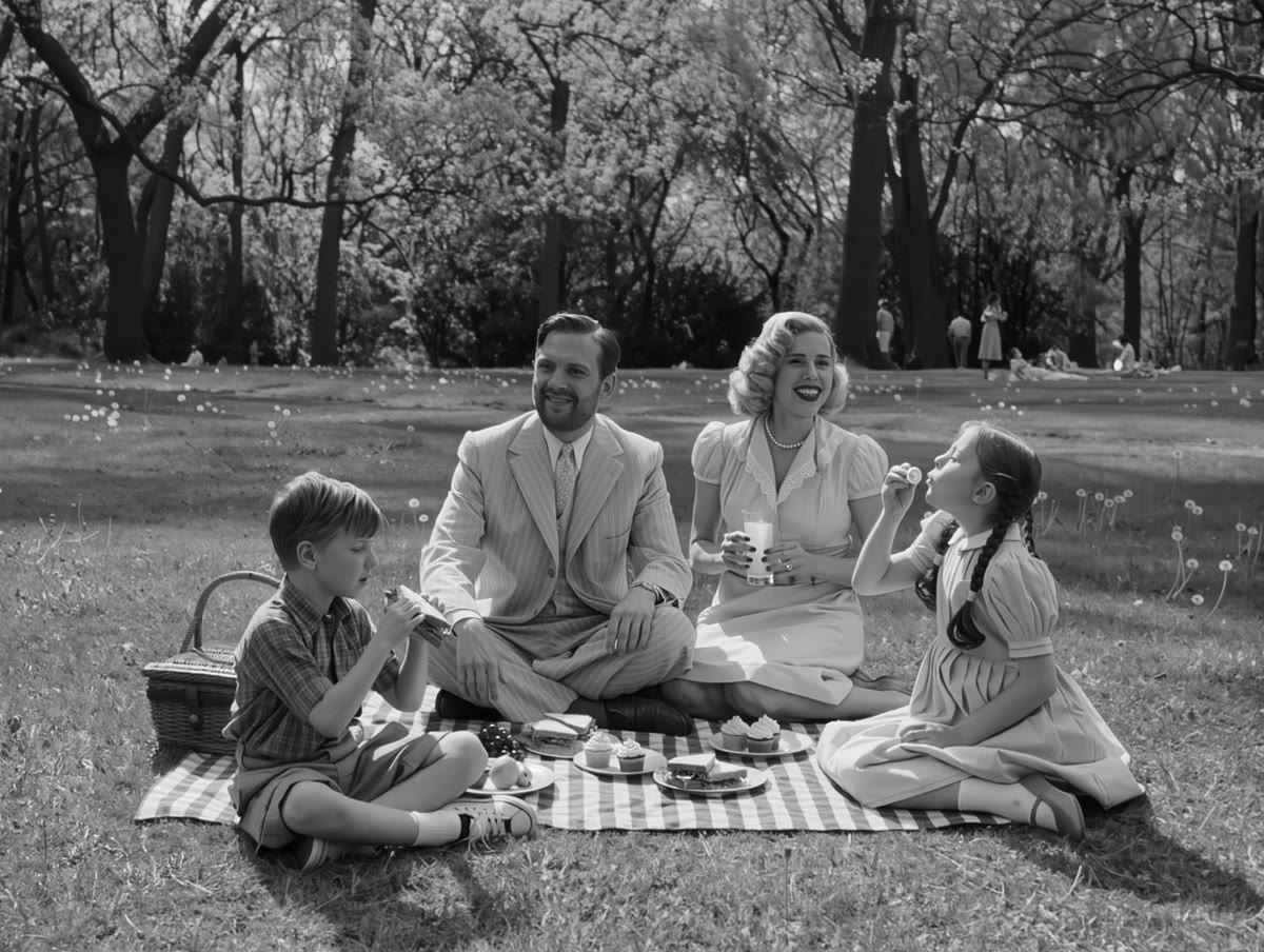 A black-and-white vintage photo of a 1950s family having a picnic in a park.