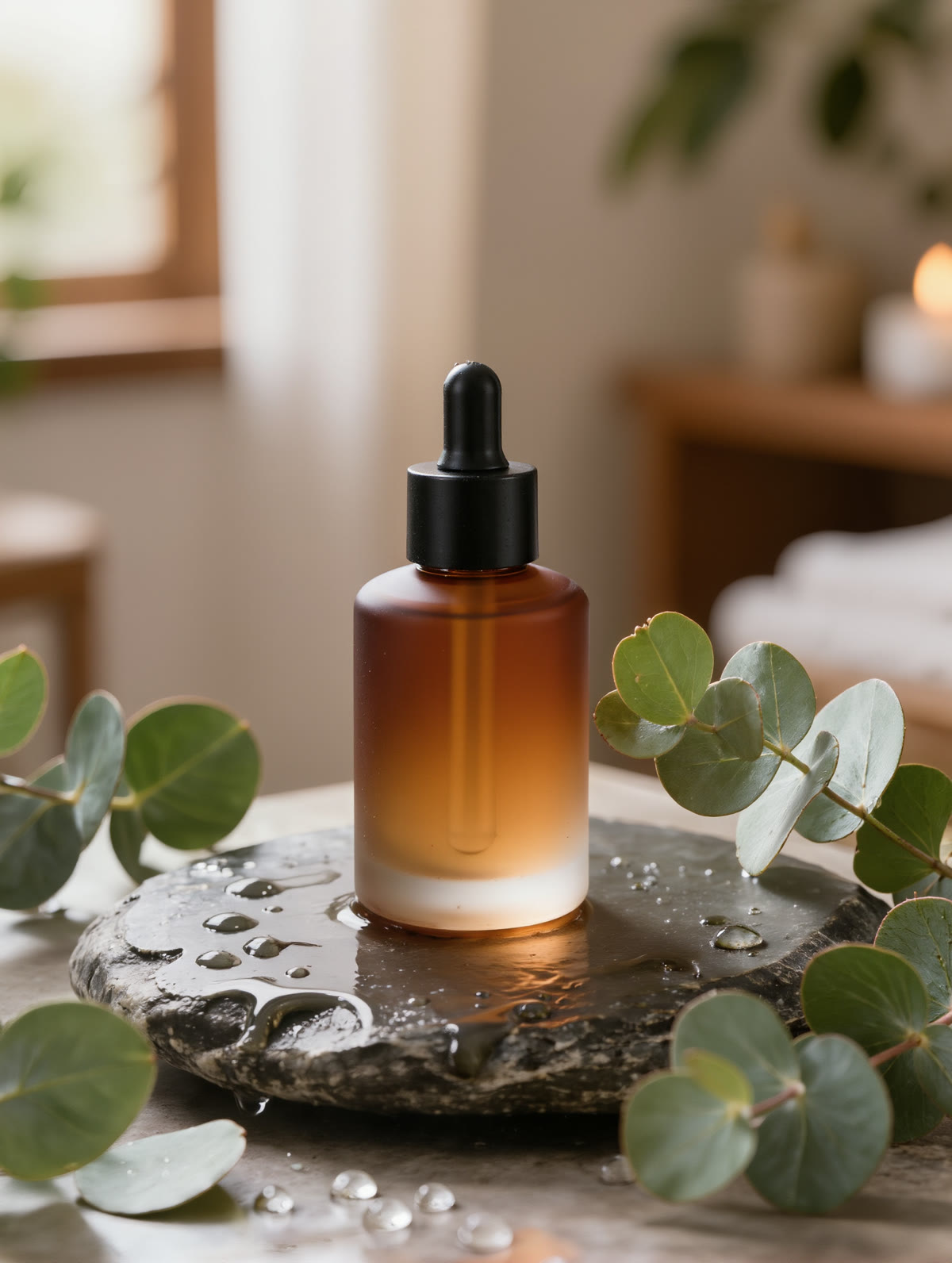 The same style of amber bottle on a wet stone slab with eucalyptus and soft window light — an AI-generated lifestyle scene.