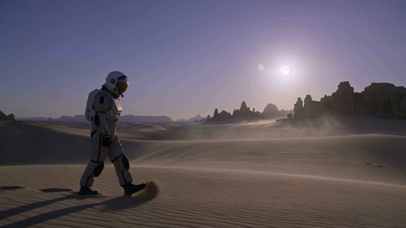 A lone astronaut crossing a vast alien desert under two moons at dusk, a cinematic still from an AI-generated short-film shot.
