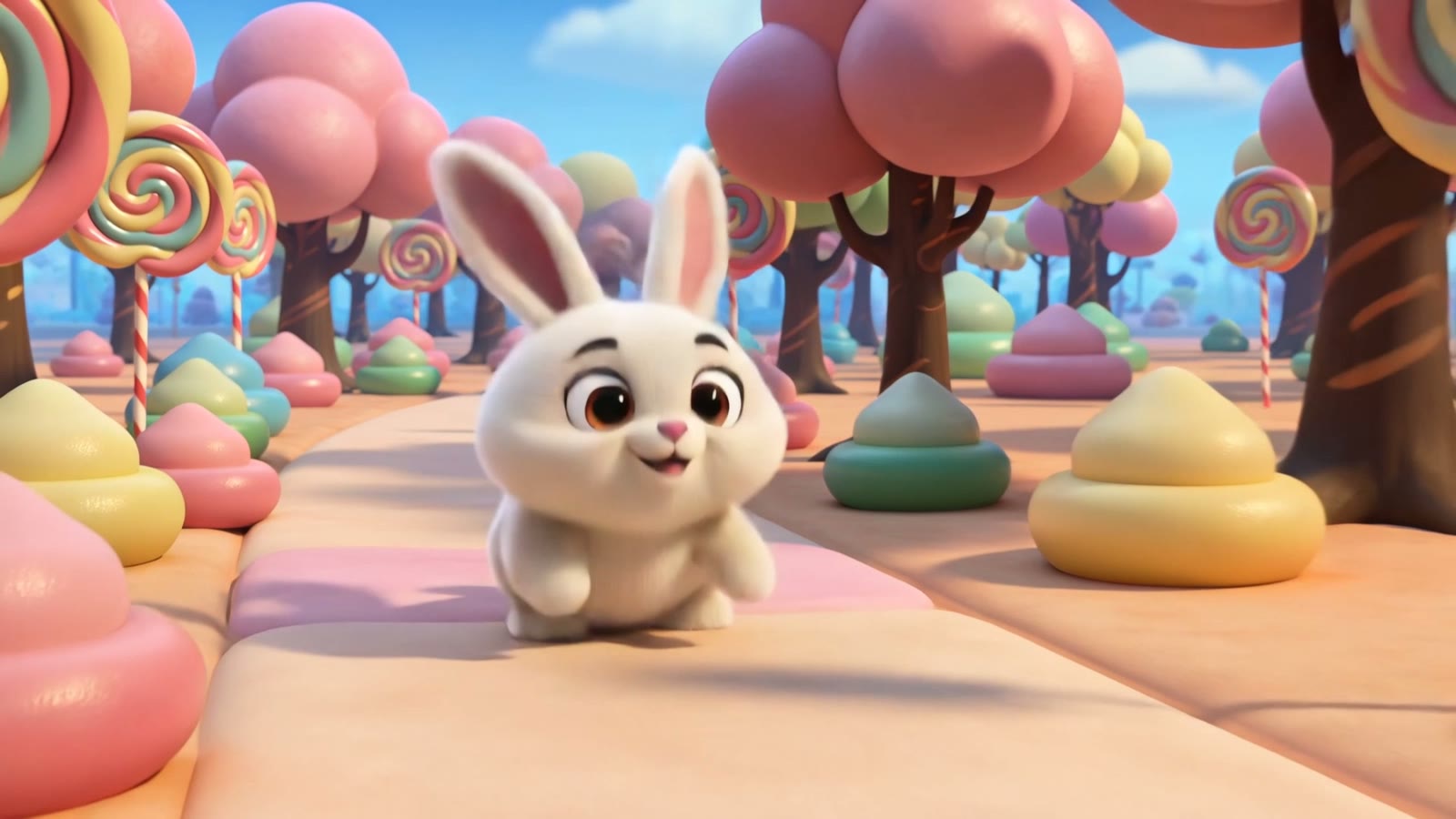 An original cartoon bunny with big eyes hopping through a magical candy forest, a still from an AI-generated kids cartoon clip.