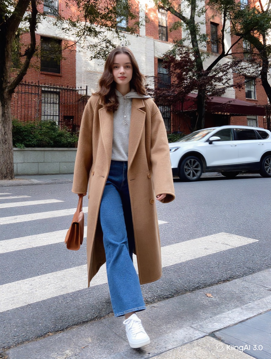 A camel wool coat styled for a casual weekend look, one of two real style directions generated for this guide.