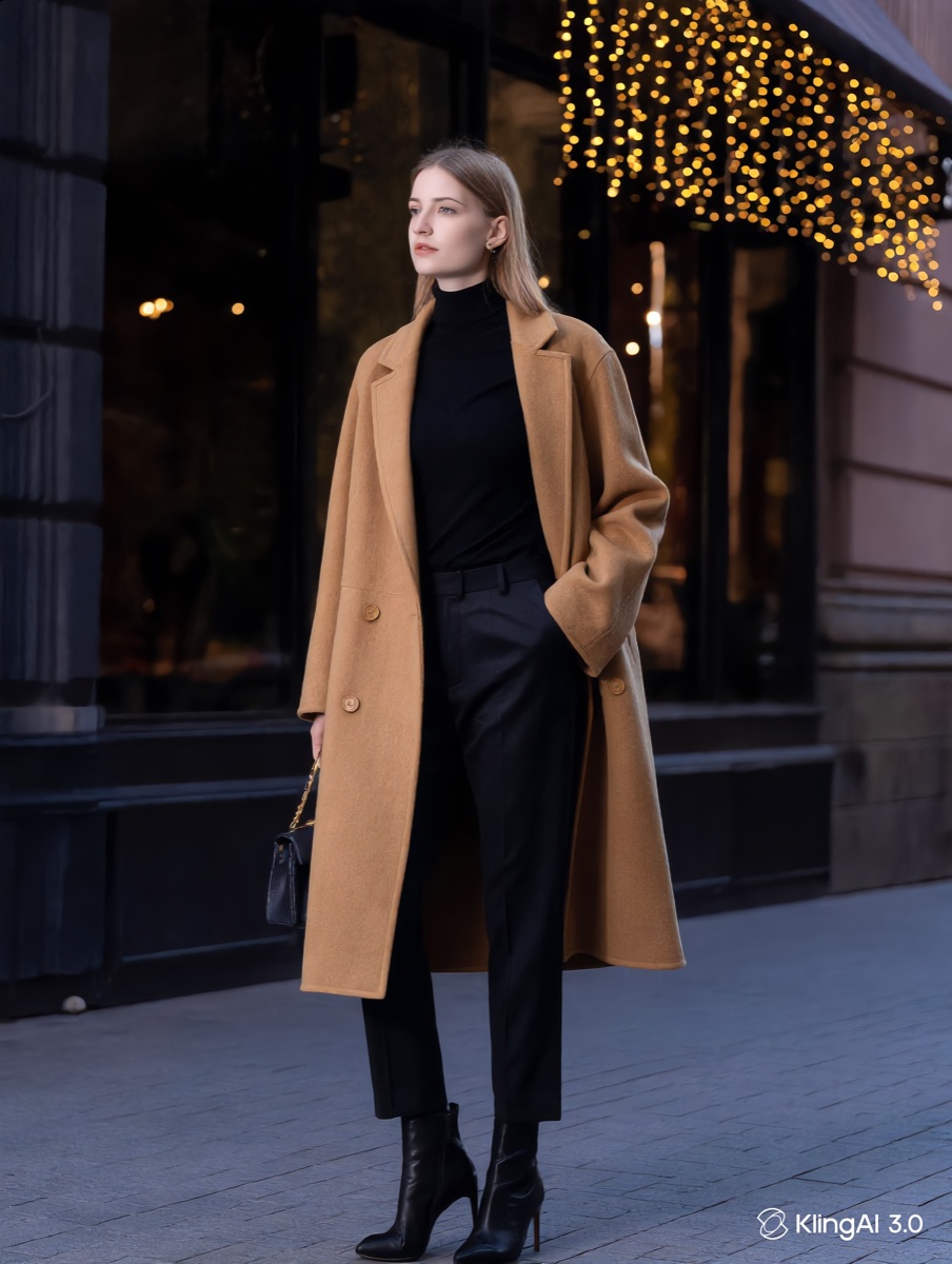The same camel coat styled for evening with a black turtleneck, tailored trousers, and heeled boots.