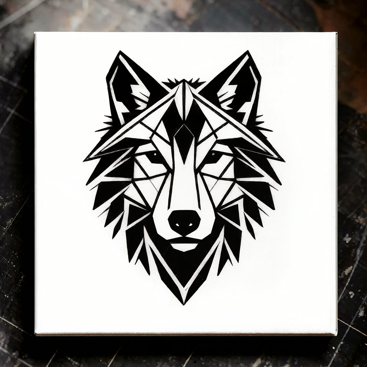 A blackwork geometric tattoo design of a wolf head made of triangular facets in solid black on white paper.