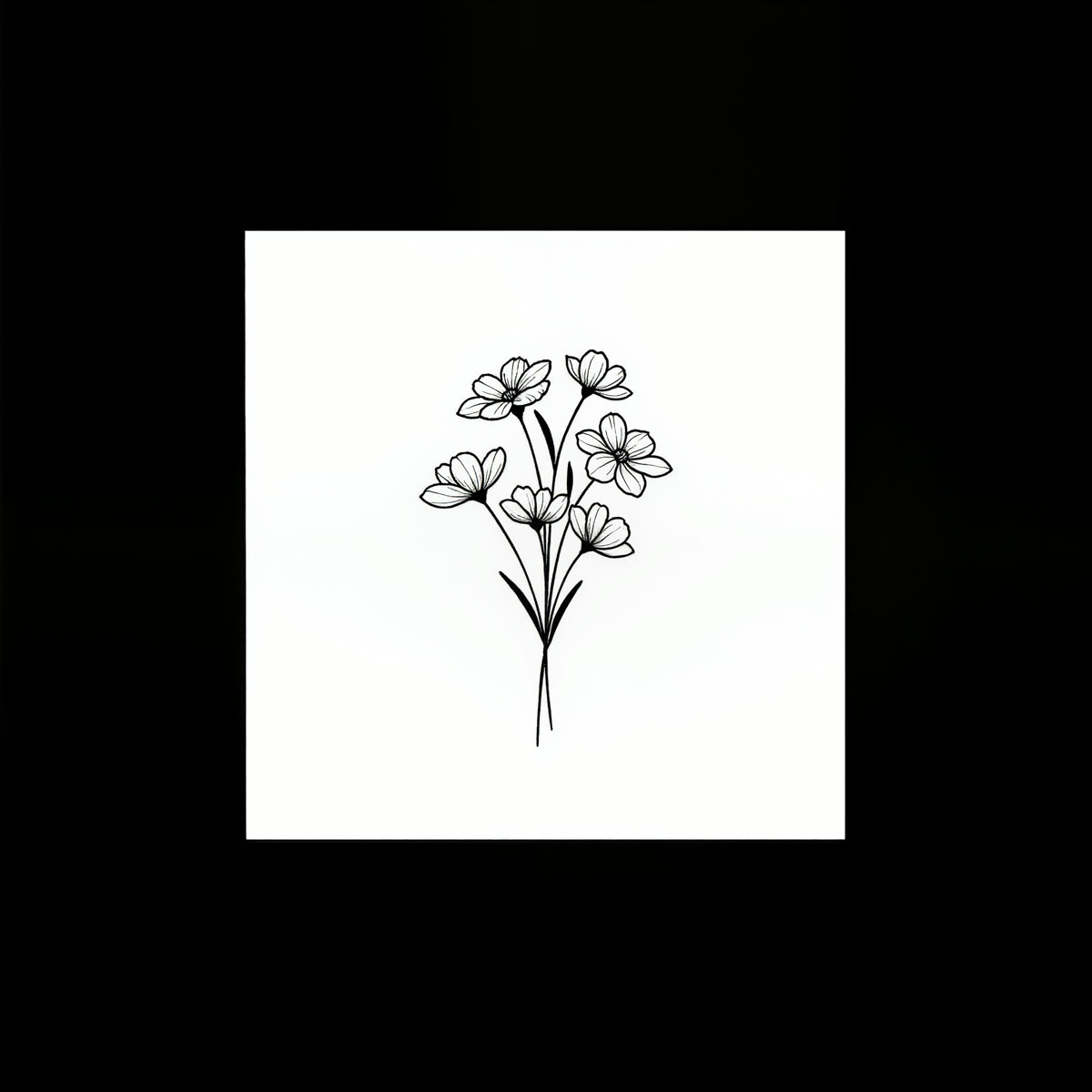 A fine-line minimalist tattoo design of a delicate wildflower bouquet in thin black linework on white paper.