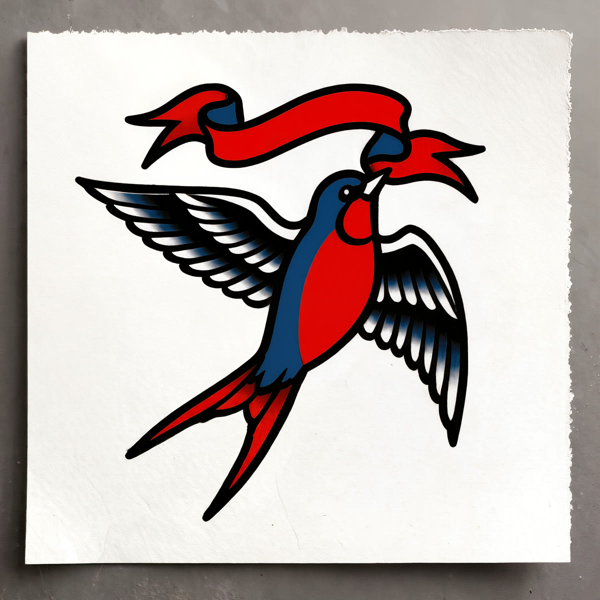 An American traditional tattoo design of a swallow with a banner in bold outlines and classic red and blue.
