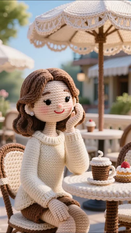 An AI portrait transformed by a creative effect into a crocheted-doll character sitting at a cafe — a one-tap AI video effect.