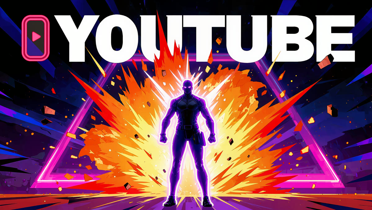 A bold gaming YouTube thumbnail with a neon explosion and a glowing character silhouette, vivid and high-contrast.