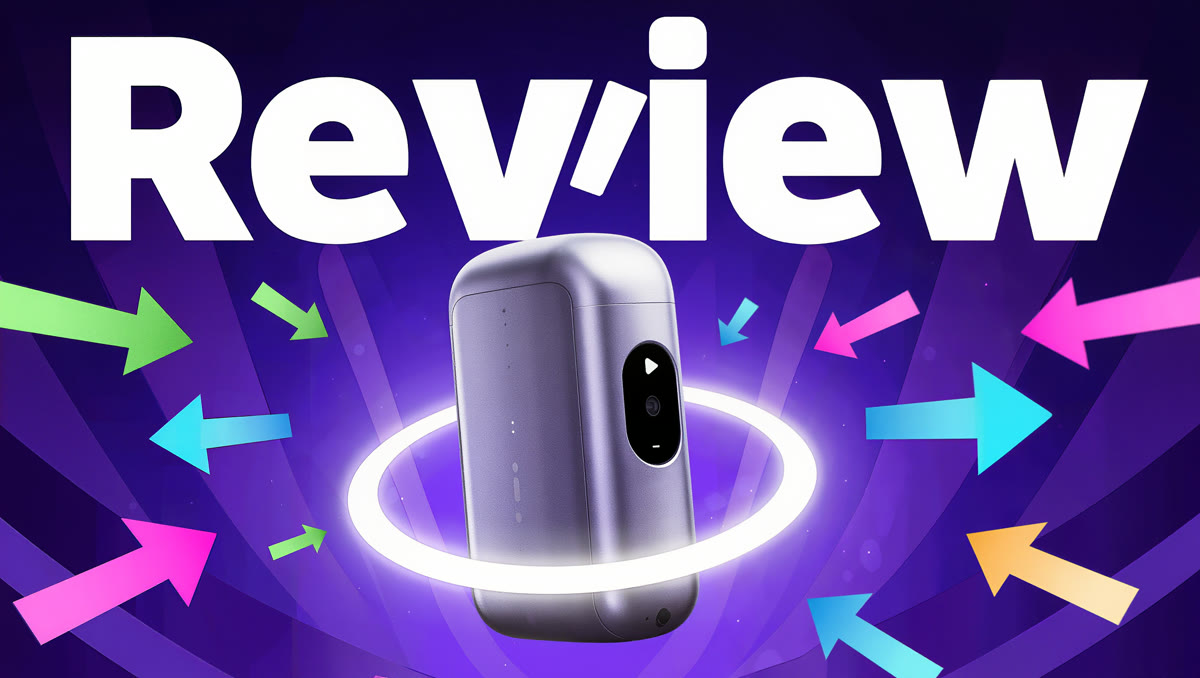 A tech-review YouTube thumbnail with a sleek generic gadget on a blue-purple gradient with bright arrows.