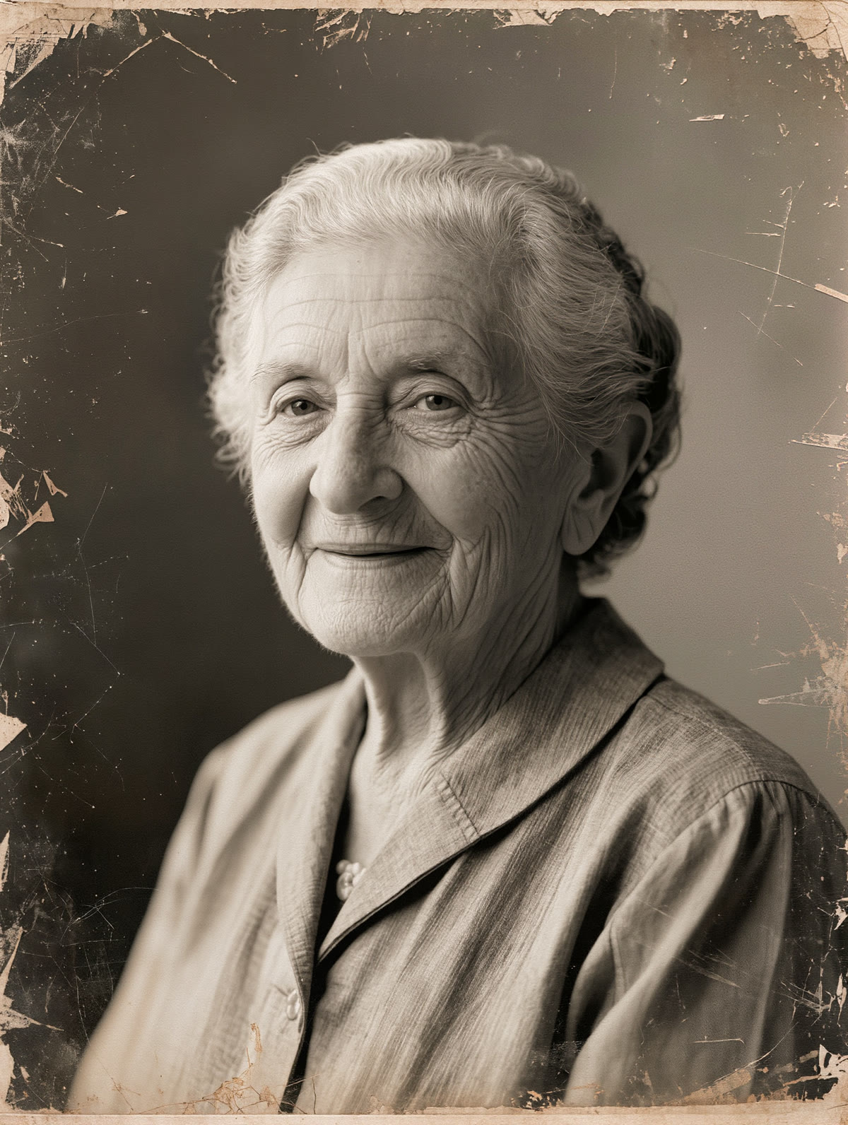 A faded sepia vintage-style portrait of an elderly woman — the still photo this article animates with a gentle blink and smile.