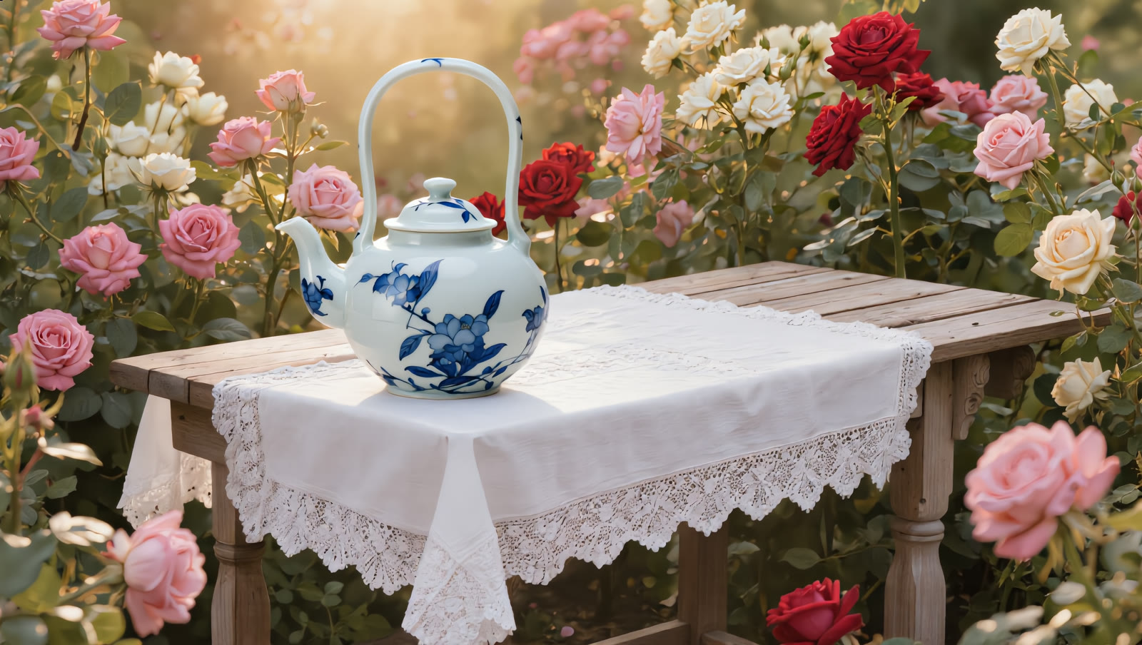 The teapot from reference 1 placed on the garden table from reference 2, combined into one AI scene.