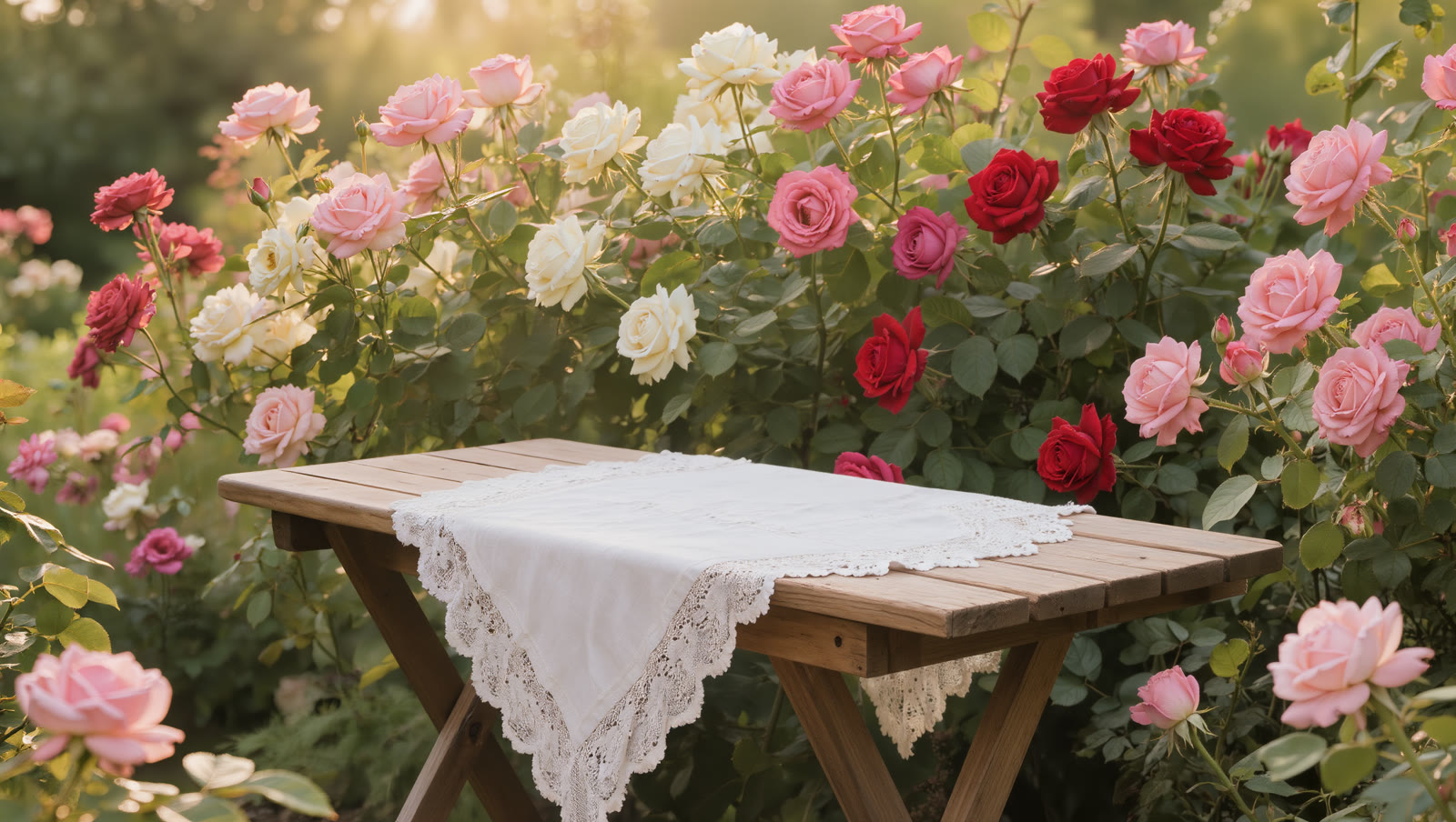 An empty rustic garden table with a lace cloth in a flower garden.