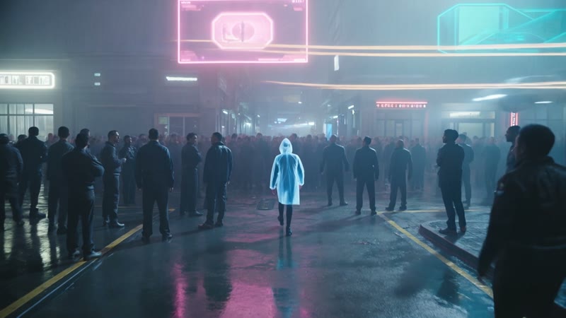 A neon-drenched cyberpunk street at night, rain-slick pavement reflecting pink and cyan holograms, a lone figure in a glowing coat walking away, from an AI-generated video.