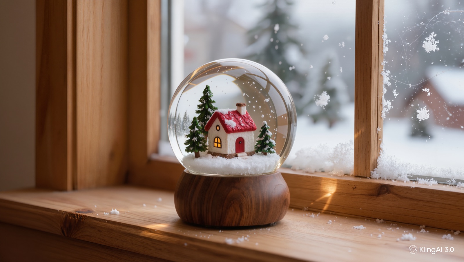 A snow globe with a small cottage inside, sitting on a wooden windowsill, the source photo used for this guide's real example.