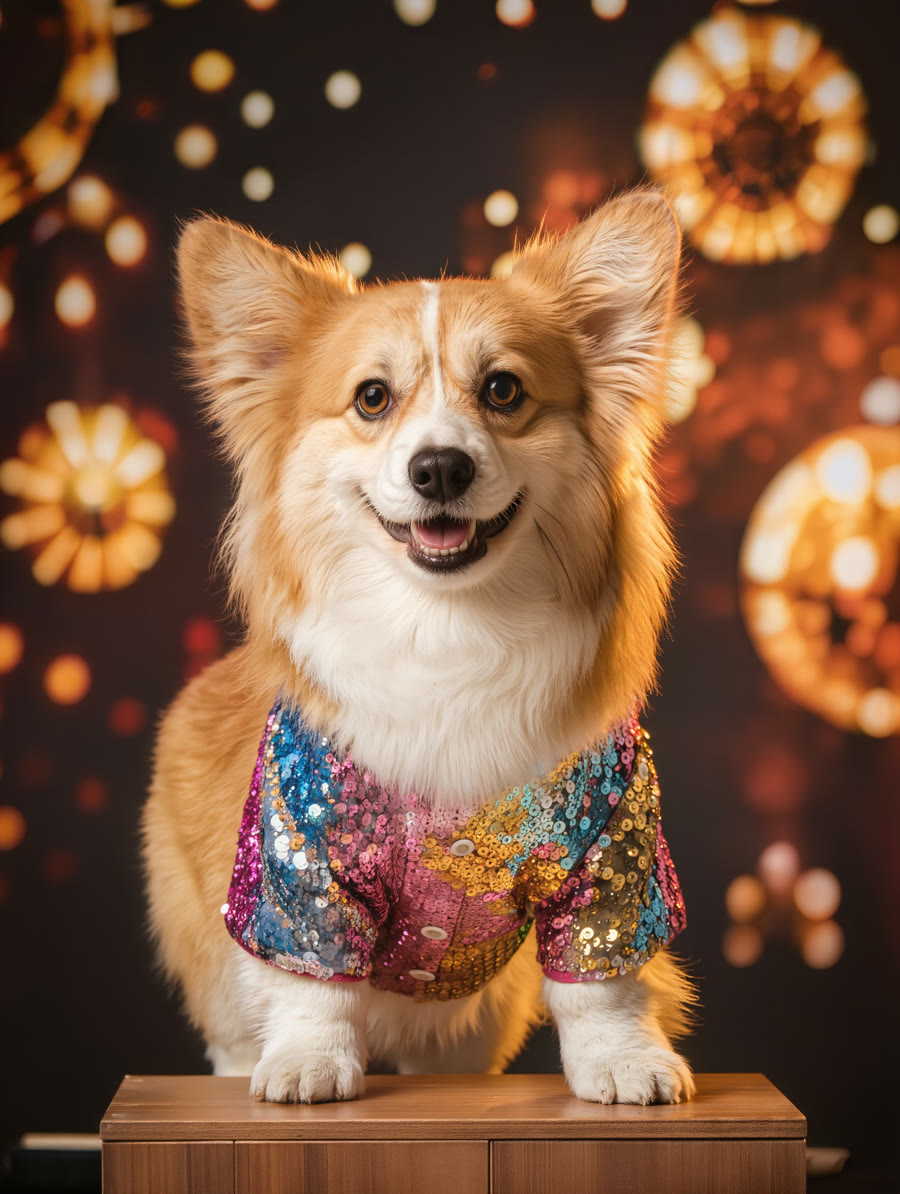 A fluffy corgi in a colorful sequin jacket standing on a small stage with disco lights, the still photo used to generate a dancing-pet video.