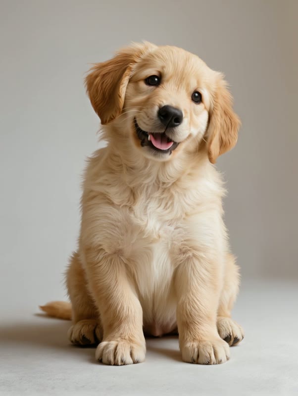 A golden retriever puppy looking at the camera with its mouth open mid-word, the still from an AI talking-pet video.