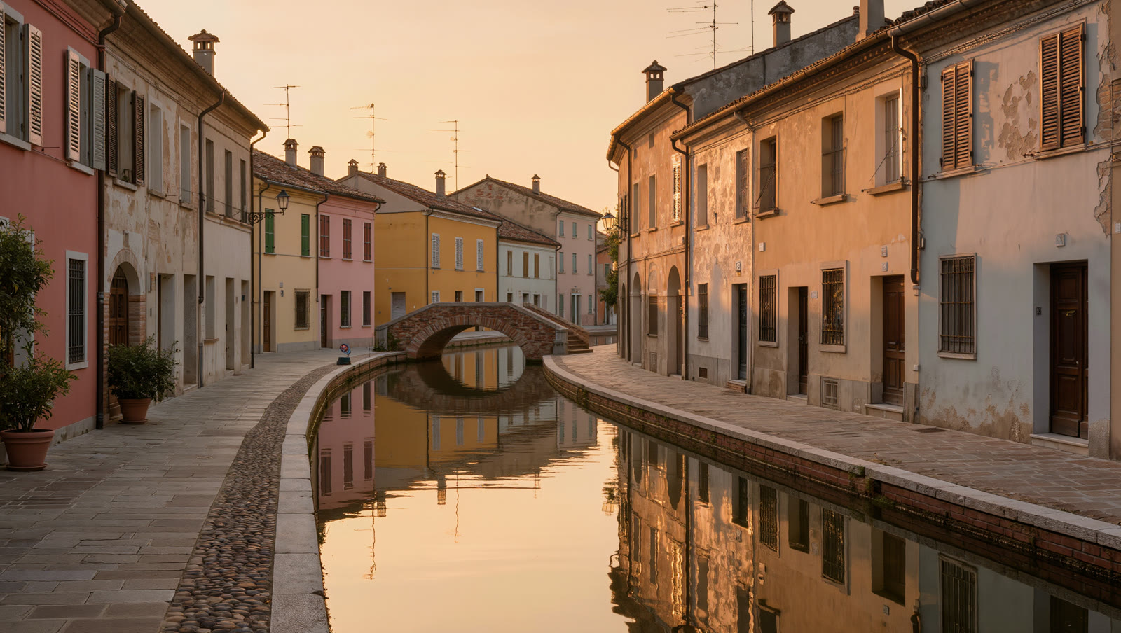 A photorealistic European canal street at golden hour with pastel houses reflected in the water.